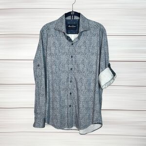 Robert Graham Modern Americana Shirt Blue Gray Print Roll Tab Sleeve Cotton sz M